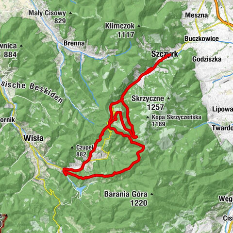 Nr.9 Szczyrk ,Solisko ,Malinowa Dolina,Wierch Posredni/Solisko,Bialy Krzyz,Wodospad Wyrchmalinki,Wisla Malinka ,Wisla Czarne Wodospad,Skocznia Malysza,Cienkow,Zielony Kopiec,Bialy Krzyz,Szczyrk