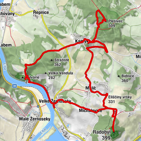 Velké Žernoseky - Radobýl - Eliščiny vršky - Plešivec